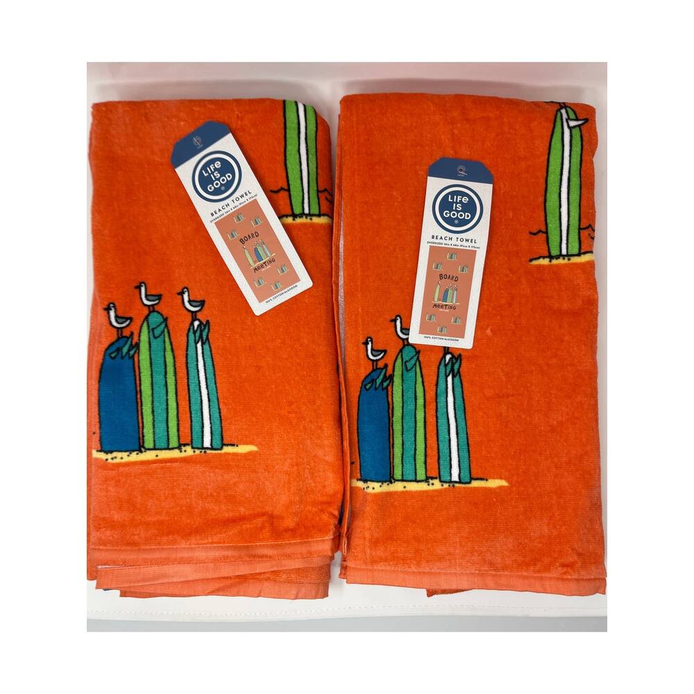 Life is Good Board Meeting Beach Towel 36x68" 100% Cotton Set of 2 NEW